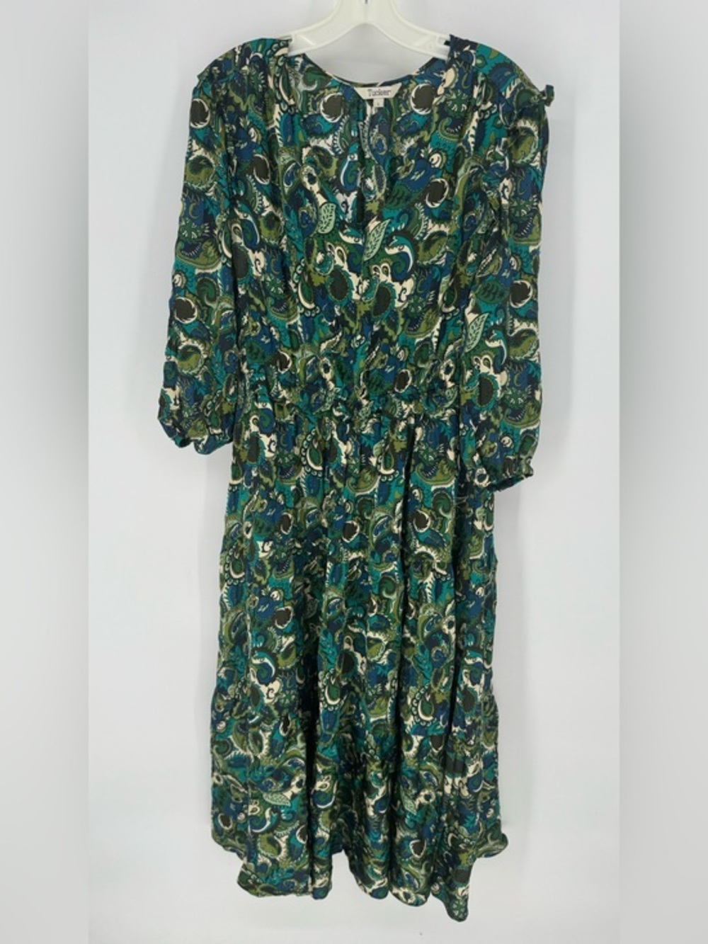 Tucker silk whimsy Boho bohemian Teal Paisley Long Sleeve Maxi Dress large